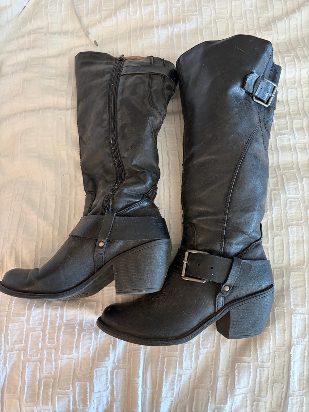 Madden Girl Black Mid-Calf Buckle Heeled Boots